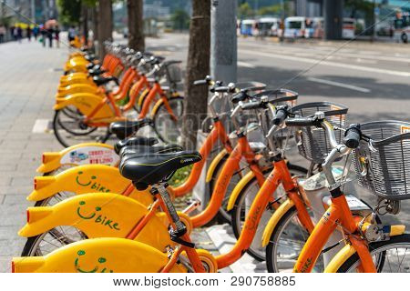 Taipei, Taiwan - Feb 19, 2019 : Ubike ( Youbike ) Station. Ubike Is A Popular Network Of Rental Bicy