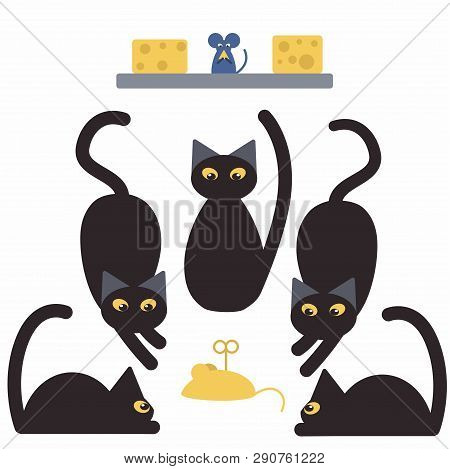 Black Cats And Mice With Cheese. Sly Mouse. Illustration For Children