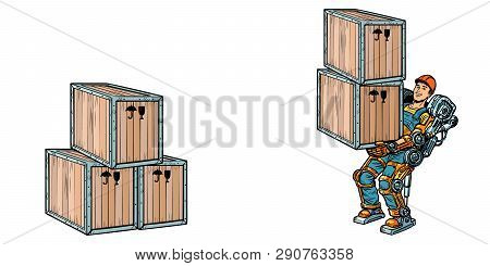 Container Loading. A Man Works In The Exoskeleton Exoskeleton. Pop Art Retro Vector Illustration Kit