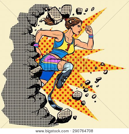 Breaks The Wall Disabled Woman Runner With Leg Prostheses Running Forward. Sports Competition. Pop A