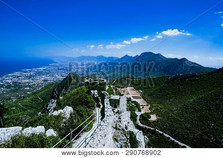 Landscape. View From The Top Of The Mountain To The Coastline Of North Cyprus And The Wall Of The Ca