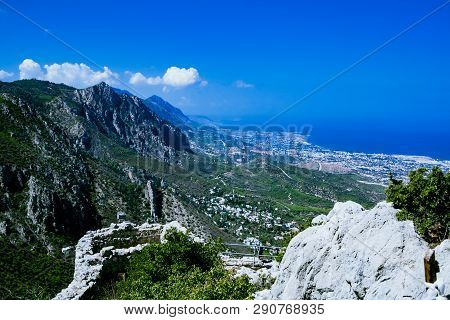 Landscape. View From The Top Of The Mountain To The Coastline Of North Cyprus And The Wall Of The Ca
