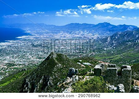 Landscape. View From The Top Of The Mountain To The Coastline Of North Cyprus And The Wall Of The Ca