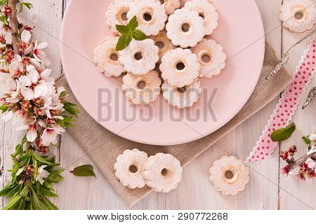 Canestrelli Biscuits With Cappuccino On Wooden Table.