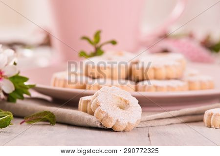 Canestrelli Biscuits With Cappuccino On Wooden Table.