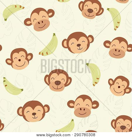 Childish Jungle Texture With Monkeys And Jungle Elements. Seamless Pattern Vector Illustration