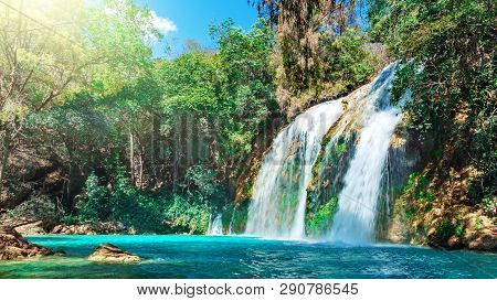 Waterfall With Clear Blue Water In Sunny Day, Chiflon Cascades, Chiapas, Travel In Mexico