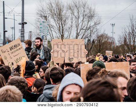 Strasbourg, France - Mar 15, 2019: Protesters Near European Parliament During Demonstrations Against