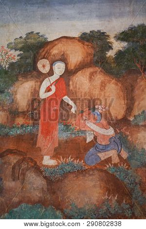 Uthai Thani, Thailand - January 12, 2019: The Famous Beautiful Buddhism Wall Murals In Wat Ubosathar