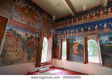 Uthai Thani, Thailand - January 12, 2019: The Famous Beautiful Buddhism Wall Murals In Wat Ubosathar