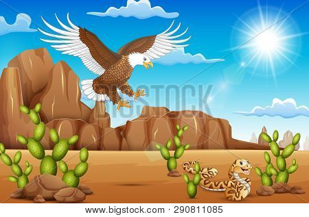 Cartoon Eagle Bird And Snake Living In The Desert
