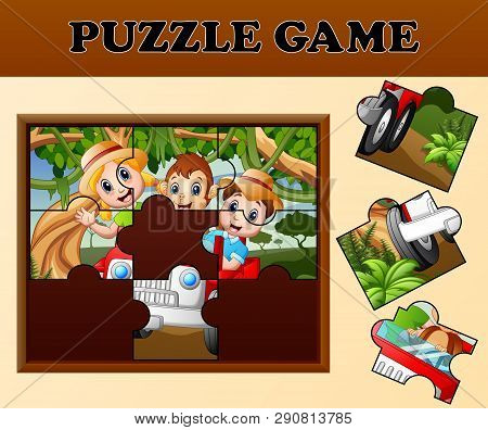 Kids And Monkey Driving A Car With Puzzle Concept