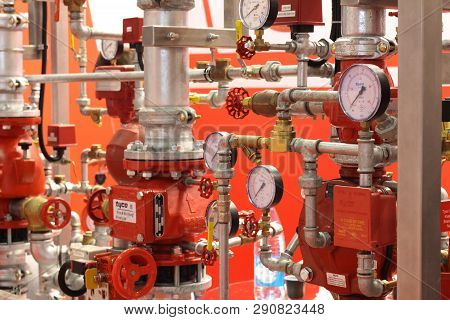 Moscow/rf - 03.20.2019: Automatic Water And Sprinkler Fire Extinguishing System. Fire Extinguishing 