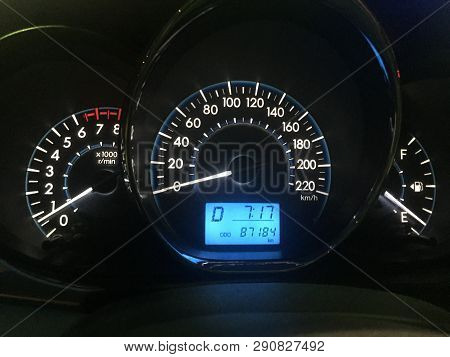 Car Dashboard Modern Automobile Control Illuminated Panel Speed Display. Modern Car Instrument Panel