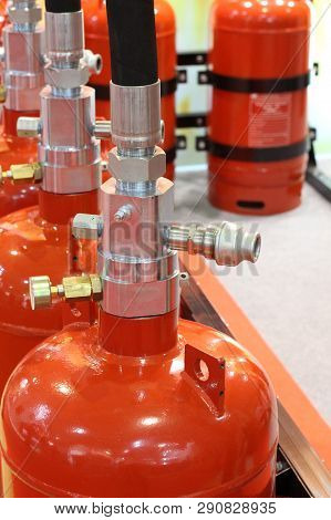 Automatic Gas Extinguishing Installation. Modular Gas Fire Extinguishing Systems. Cylinders To Extin