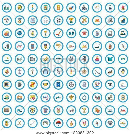 100 Lessons Sport Icons Set. Cartoon Illustration Of 100 Lessons Sport Vector Icons Isolated On Whit