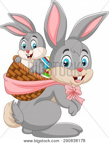 Vector Illustration Of  Easter Bunny Carrying Basket Of Baby Rabbit
