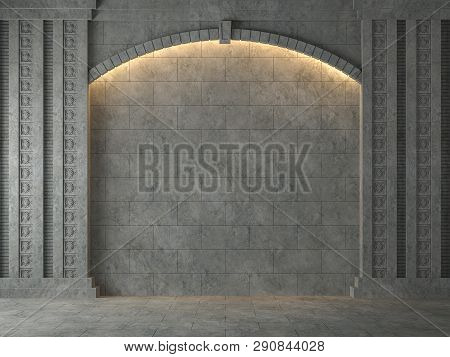 Empty Ancient Wall With Concrete Arch 3d Render.the Room Has Concrete Tile Floor And Wall ,decorated