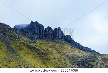 The landscape around the Old Man of Storr and the Storr cliffs, the famous attraction in Isle of Skye, Scotland, United Kingdom