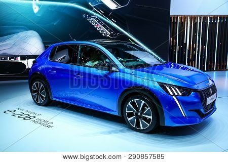 Geneva, Switzerland - March 10, 2019:  All-electric Motor Car Peugeot E-208 Gt Presented At The Annu