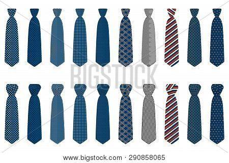 Illustration On Theme Big Set Ties Different Types, Neckties Various Size. Tie Pattern Consisting Of