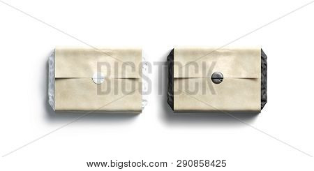Blank Black And White Adhesive Sticker On Craft Wrapping Paper Mockup Set, 3d Rendering. Empty Round