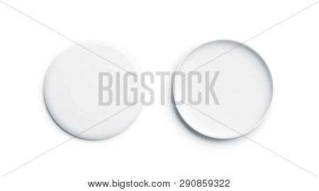 Blank White Plastic Air Disk Mockup, Isolated, Front And Back, 3d Rendering. Empty Frisbie For Throw