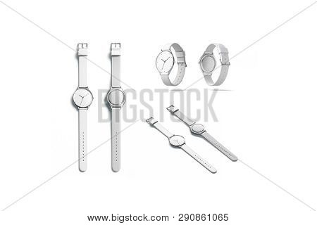 Blank White Watch Wristlet Mockup Set, Isolated, Front And Back, 3d Rendering. Empty Wristwatch With