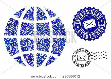 Post Composition Of Blue Mosaic Globe And Scratched Stamps. Vector Seals With Scratched Rubber Textu