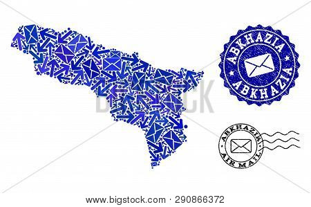 Mail Composition Of Blue Mosaic Map Of Abkhazia And Scratched Stamp Seals. Vector Seals With Scratch
