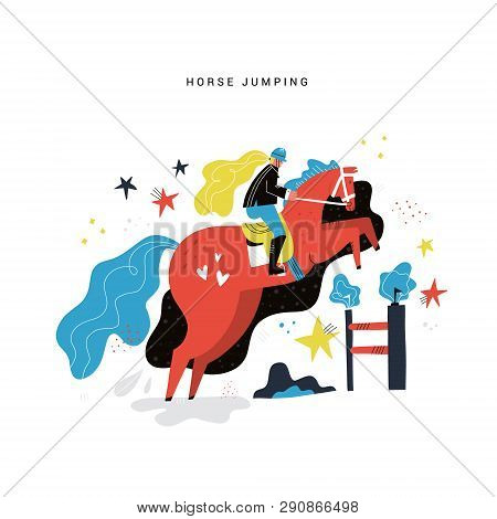 Horseback Riding Flat Hand Drawn Vector Illustration. Horse Girl Rider Cartoon Character. Equestrian