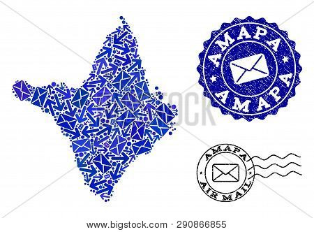 Mail Collage Of Blue Mosaic Map Of Amapa State And Scratched Stamps. Vector Imprints With Scratched 