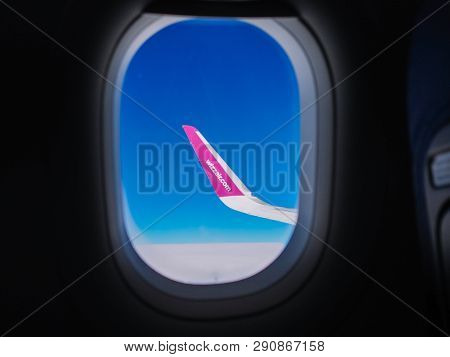 Flight Dortmund-kyiv.july 2018 . View From Airplane Window: Wing Of 