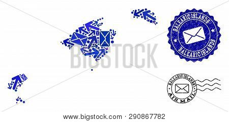 Post Collage Of Blue Mosaic Map Of Balearic Islands And Scratched Stamp Seals. Vector Seals With Scr