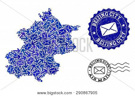 Post Collage Of Blue Mosaic Map Of Beijing Municipality And Scratched Stamps. Vector Imprints With S