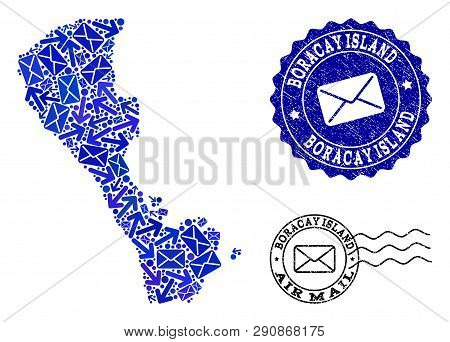 Post Collage Of Blue Mosaic Map Of Boracay Island And Textured Seals. Vector Seals With Distress Rub