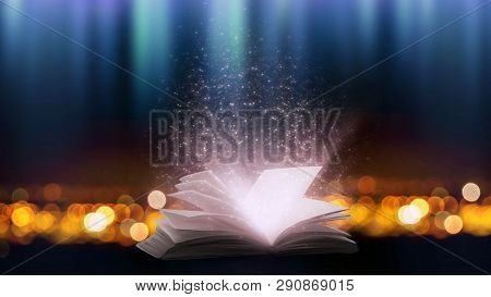 An Open Book With A Magical Fantasy. Night View Illustration With A Book. The Magical Power Of Readi