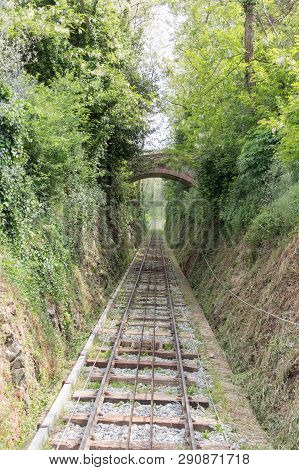 The View Of Railroad Through Green Trees Between Montecatini Terme And Montecatini Alto, Tuscany, It