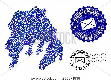 Mail Composition Of Blue Mosaic Map Of Gambier Island And Scratched Seals. Vector Seals With Scratch