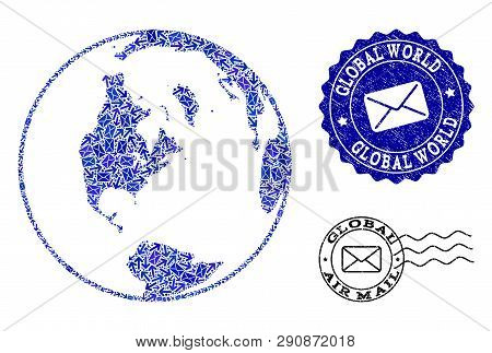Post Combination Of Blue Mosaic Map Of Global World And Scratched Seals. Vector Seals With Scratched