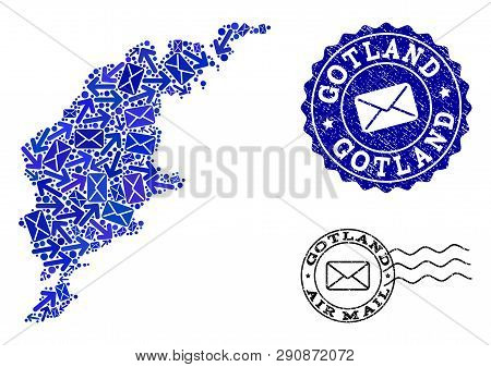 Post Composition Of Blue Mosaic Map Of Gotland Island And Grunge Stamp Seals. Vector Seals With Corr