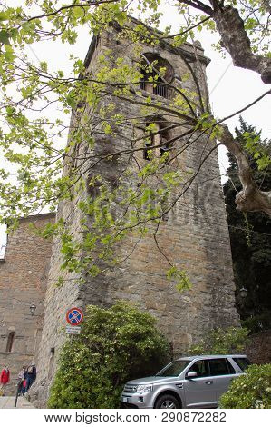 Italy, Montecatini Alto - April 25 2017: The View Of Bell Tower At The Ancient Fortress In Montecati