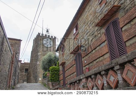 Italy, Montecatini Alto - April 25 2017: The View Of Tower Of Carmine Or Clock Tower, Xii Century, I