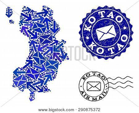 Mail Collage Of Blue Mosaic Map Of Ko Tao And Scratched Stamp Seals. Vector Seals With Scratched Rub