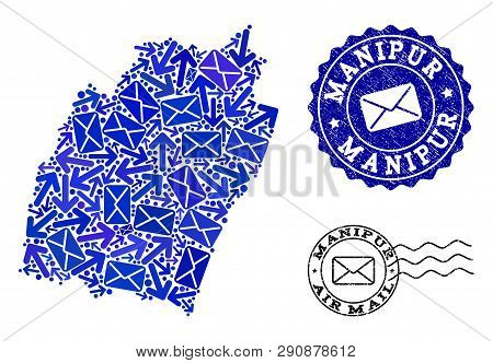 Mail Collage Of Blue Mosaic Map Of Manipur State And Scratched Stamps. Vector Imprints With Scratche