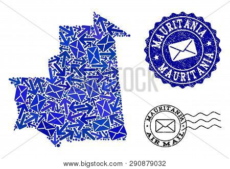 Mail Composition Of Blue Mosaic Map Of Mauritania And Scratched Seals. Vector Seals With Scratched R