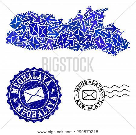 Mail Collage Of Blue Mosaic Map Of Meghalaya State And Unclean Stamp Seals. Vector Seals With Scratc