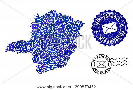 Mail Collage Of Blue Mosaic Map Of Minas Gerais State And Scratched Stamps. Vector Watermarks With S