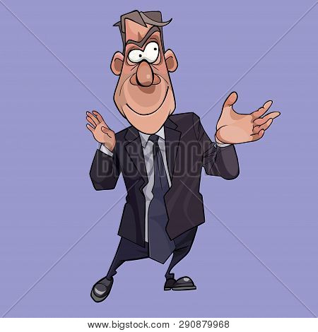 Cartoon Funny Man In Suit With Tie Shows Hands