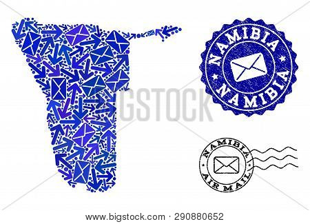 Mail Composition Of Blue Mosaic Map Of Namibia And Corroded Stamp Seals. Vector Seals With Scratched